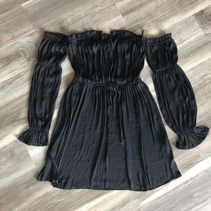F21 Black Ruffled Off Shoulder Satin Mini Dress
